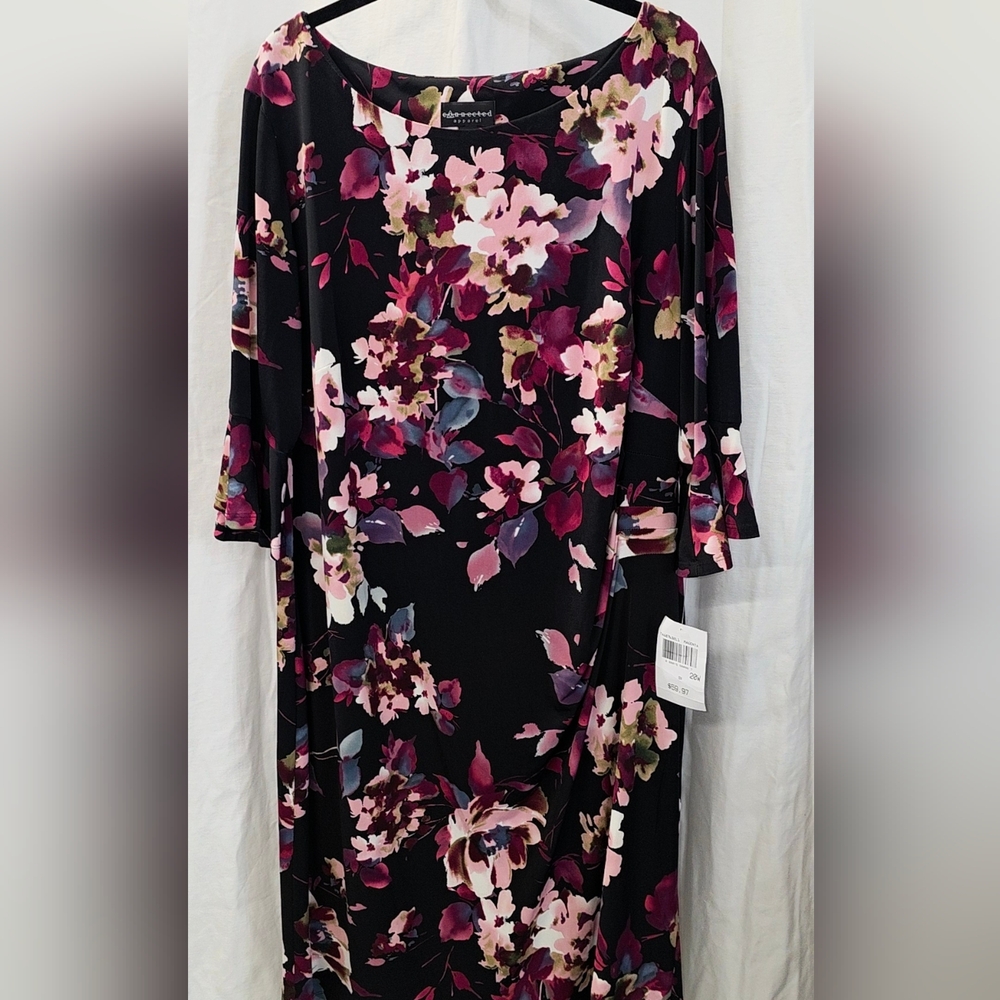 Connected Apparel 20W 3X Black Purple Floral Studio Knit Sheath Dress Career - Picture 3 of 7